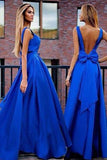 Sexy A-Line V-Neck Sweep Train Backless Royal Blue Prom Dress with Bowknot Pleats PFP0924
