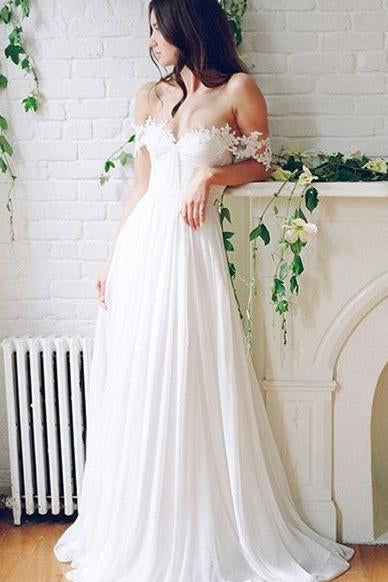 Off-the-shoulder A-line Lace Beach Wedding Dresses,Simple White Chiffon Prom Dresses PFP0925