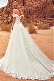 Elegant Off-the-Shoulder Sweep Train A-Line Tulle Ivory Appliques Wedding Dress PFW0140