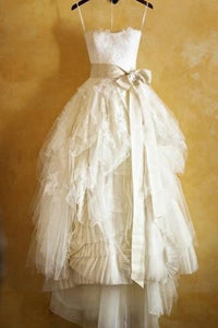 Princess Spaghetti Straps Ruffles Ivory Ball Gown Tulle Wedding Dress With Sash PFW0141