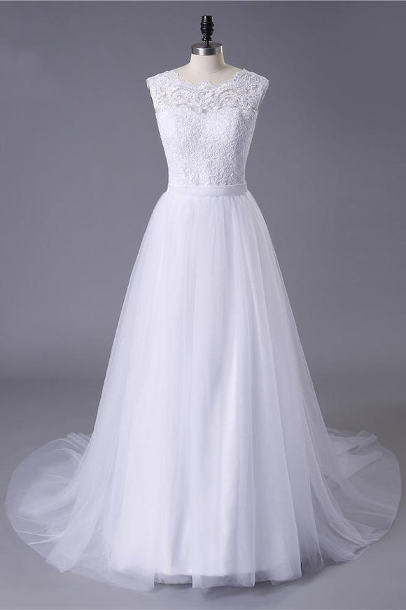 Princess White Tulle Lace Top Beaded Wedding Dresses, Cheap Long Bridal Dress