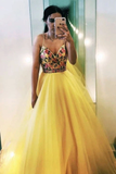 Promfast V Neck Spaghetti Straps Yellow Tulle A Line Prom Dresses with Floral Appliques PFP1844
