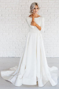 Simple White A-line Satin Sweep Train 3/4 Sleeve Backless Wedding Dresses PFW0142