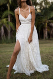 Charming Lace Long A-line Spaghetti Straps Split Ivory Beach Wedding Dress PFW0143