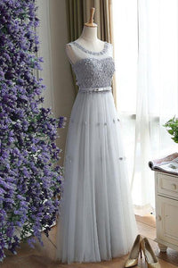 Charming Gray A Line Tulle Long Floral Simple Sleeveless Long Prom Dress PFP0928