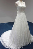 Elegant Bateau A-Line White Lace Long Sleeveless Wedding Dress PFW0144