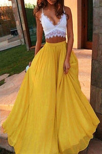 Two Pieces Yellow White Long A Line Sexy Prom Dresses,Lace Formal Evening Gown PFP0932