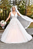 Elegant A-line Long V-neck Long Pink Lace Appliques Wedding Dress PFW0145