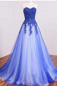 Long Sweetheart Lace Beading Elegant Modest Royal Blue Prom Dresses,Ball Gown Prom Dress PFP0933