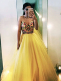 Promfast V Neck Spaghetti Straps Yellow Tulle A Line Prom Dresses with Floral Appliques PFP1844