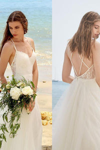Simple Spaghetti Straps Ivory A Line Tulle Beach Wedding Dress PFW0146