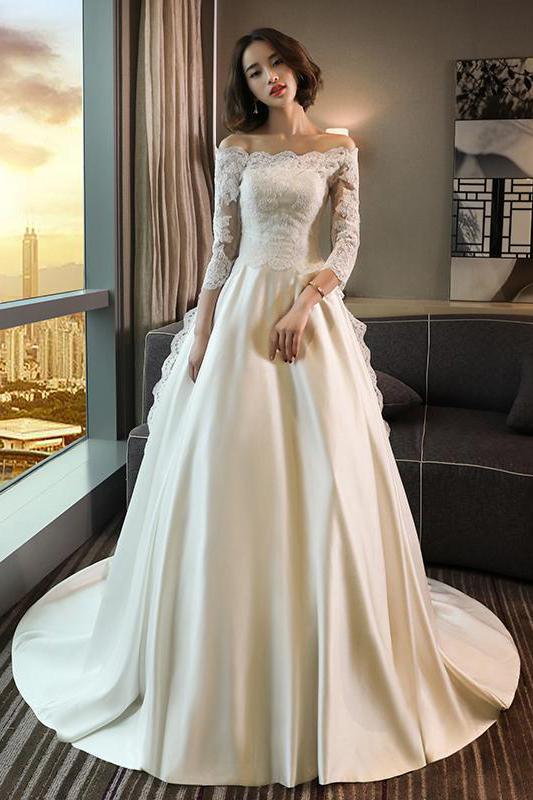 Modest 3/4 Sleeve Off the Shoulder A Line Lace Wedding Dress PFW0147 Promfast Modest 3/4 Sleeve Off the Shoulder A Line Lace Wedding Dress PFW0147 Promfast