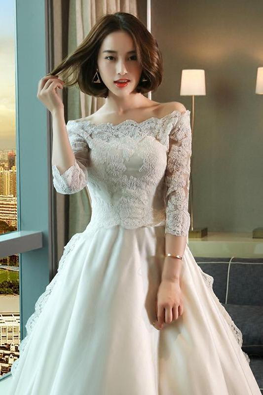 Modest 3/4 Sleeve Off the Shoulder A Line Lace Wedding Dress PFW0147 Promfast Modest 3/4 Sleeve Off the Shoulder A Line Lace Wedding Dress PFW0147 Promfast