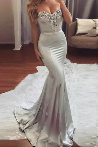 Mermaid Sweetheart Sweep Train Silver Formal 2017 Long Prom Dresses,Formal Evening Dress PFP0935