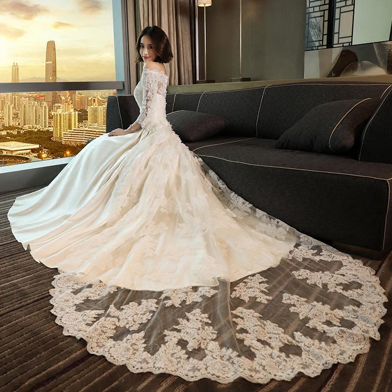 3 4 sleeve off shoulder wedding dress Modest 3/4 Sleeve Off the Shoulder A Line Lace Wedding Dress PFW0147 –  Promfast