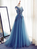 Charming Long Tulle Handmade A Line Blue Prom Gowns,Best Formal Women Dress PFP0936