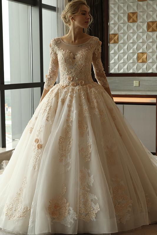 3/4 Sleeve Lace Appliques Tulle Ball Gown Plus Size Wedding Dress PFW0 –  Promfast