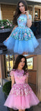 Blue Floral Prints Tulle Short Sleeves A Line Charming Homecoming Dresses PFH0012