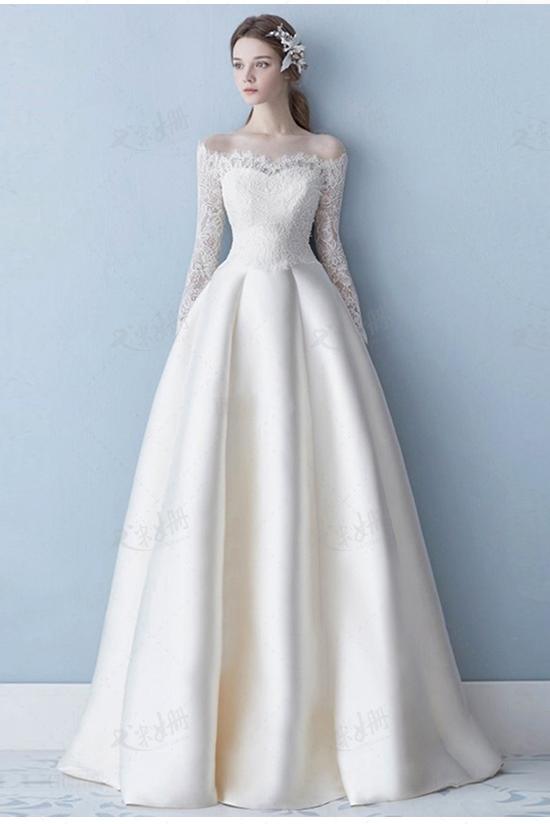 Elegant Off the Shoulder Long Sleeve Satin A Line Lace Plus Size Wedding Dress PFW0150