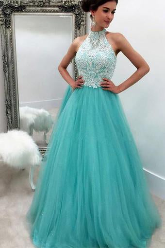 Blue tulle lace a line long high-neck prom/evening dress for teens PFP0941