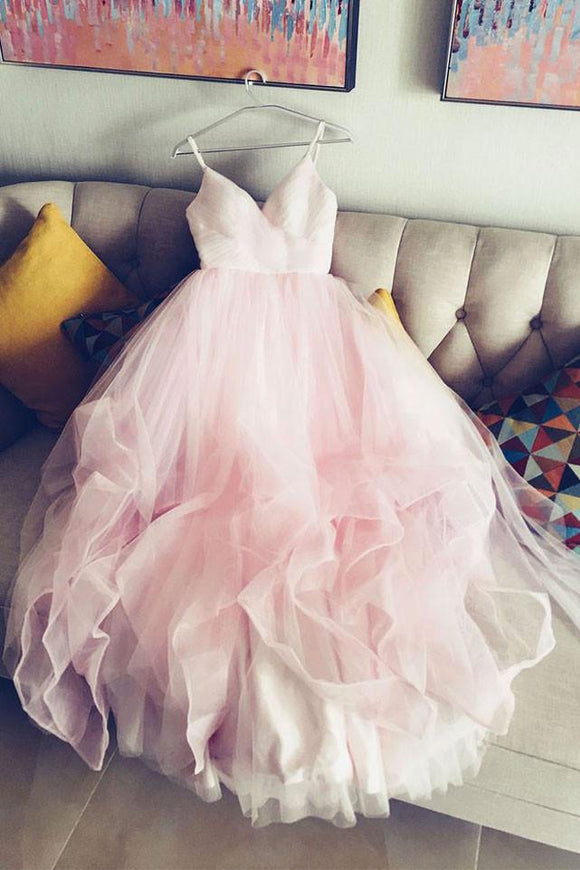 Simple spaghetti straps v neck tulle pink prom/evening dress, pink tulle bridal dress PFP0943