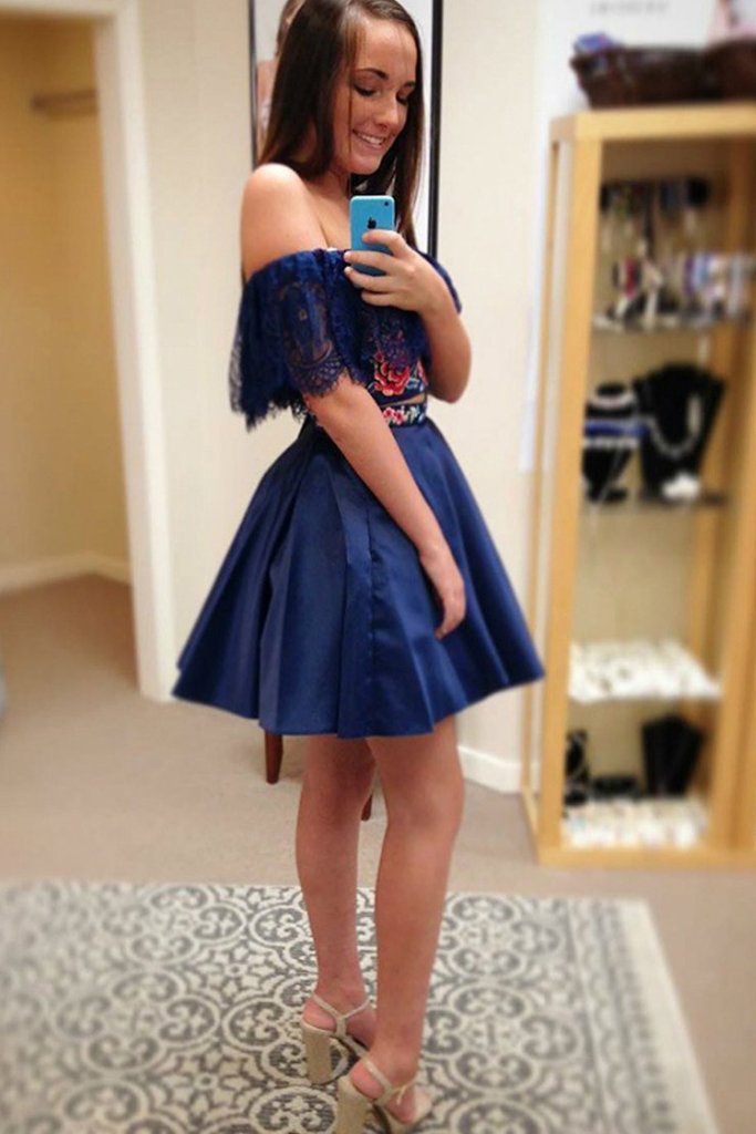 Two Piece Off the Shoulder Floral Satin Dark Blue Homecoming Dresses P –  Promfast