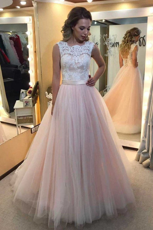 A-line Light Pink Tulle with White lace appliqued Long Backless Prom Dress PFP0947