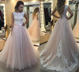 A-line Light Pink Tulle with White lace appliqued Long Backless Prom Dress PFP0947