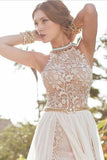A-line Sexy High Neck Lace Bodice Beach Wedding Dress,Ivory Chiffon Prom Dress PFP0948