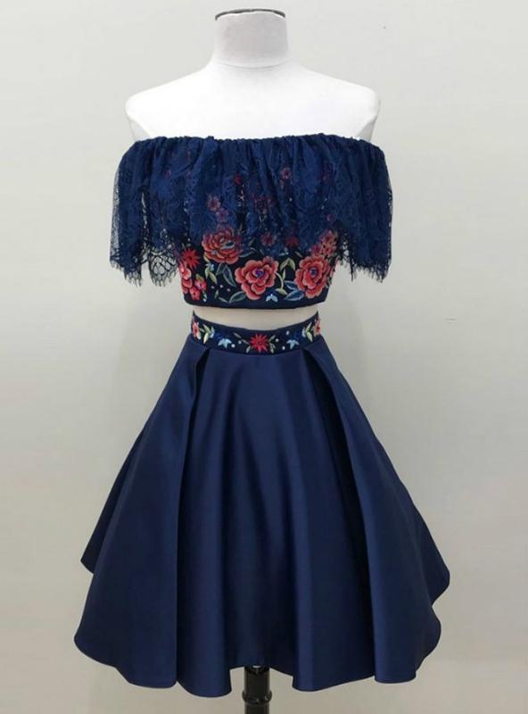 two piece navy blue homecoming dress A Line V Neck Two Pieces Blue Prom Dresses, 2 Pieces Blue Formal Eveni   jbydress