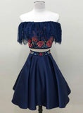 Two Piece Off the Shoulder Floral Satin Dark Blue Homecoming Dresses PFH0013