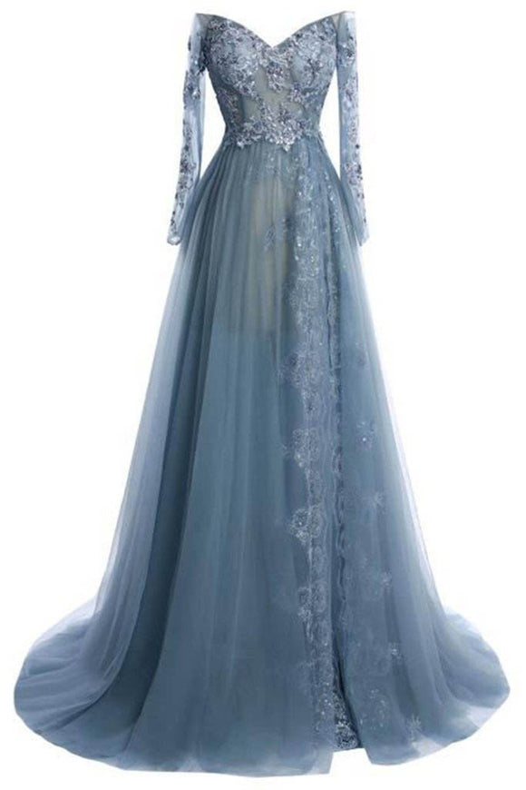 Elegant tulle lace long sleeves off-shoulder long prom dresses,evening dresses PFP0951