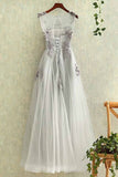 Gray tulle round neck a line lace applique see-through long prom/evening dresses PFP0952