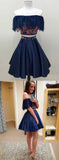 Two Piece Off the Shoulder Floral Satin Dark Blue Homecoming Dresses PFH0013