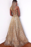Promfast Glitter Gorgeous A-Line Sweetheart Cross Back Gold Sequins Long Prom Dresses PFP1846