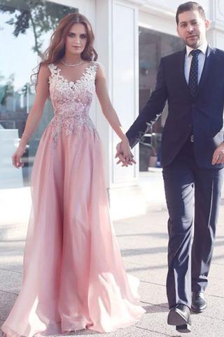 Elegant Appliques Sleeveless Pink Floor-Length A-Line Prom Dresses/Evening Gown PFP0954