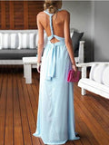 Sheath/Column V-neck Chiffon Floor-length Ruffles Blue Backless Sexy Prom Dresses PFP0962