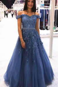 Promfast Blue Off the Shoulder Lace Appliques Tulle Long Prom Dresses with Beaded PFP1848