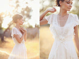 Charming A-Line Ivory V-Neck Chiffon Wedding Dresses,Cheap Bridal Dress PFW0310