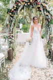 Floral Open Back Deep V-neck Straps Tulle Appliques Prom Dress,, Floral Princess Wedding Dress PFP0964