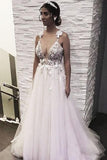 Floral Open Back Deep V-neck Straps Tulle Appliques Prom Dress,, Floral Princess Wedding Dress PFP0964