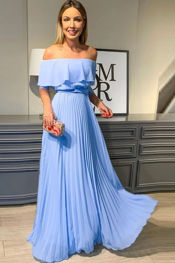 Promfast A Line Off the Shoulder Chiffon Blue Long Prom Dresses, Elegant Formal Dresses PFP1849