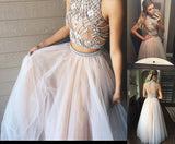 Two Piece A line Tulle Beading Pretty High Neck Prom Dresses,2 pieces Evening Dresses PFP0967