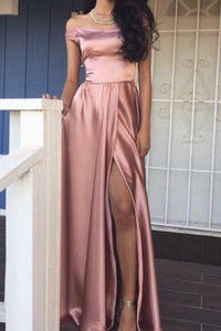 2019 Pink Long Slit Elegant off the shoulder Prom Dress, Long Evening Women Formal Dresses PFP0968