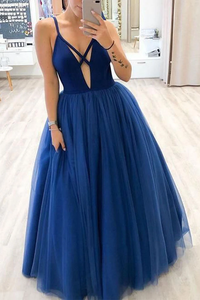 Promfast A Line Deep V Neck Royal Blue Long Tulle Prom Dresses with Straps PFP1850