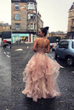 Pink Tulle Lace Appliques Long Prom Dress A Line Evening Gown PFP1732