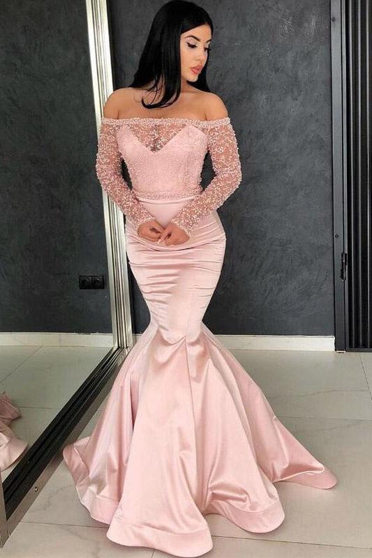 Off the Shoulder Long Sleeves Mermaid Lace Top Pink Long Prom Dresses PFP0010