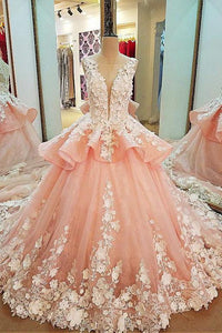 Tulle Lace Scoop Neckline Ball Gown Wedding Dress With Lace Appliques,Quinceanera Dresses PFW0153