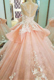 Tulle Lace Scoop Neckline Ball Gown Wedding Dress With Lace Appliques,Quinceanera Dresses PFW0153