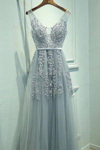 Gray Tulle Long V-neck Evening Dresses, A Line Applique Prom Dress PFP0972